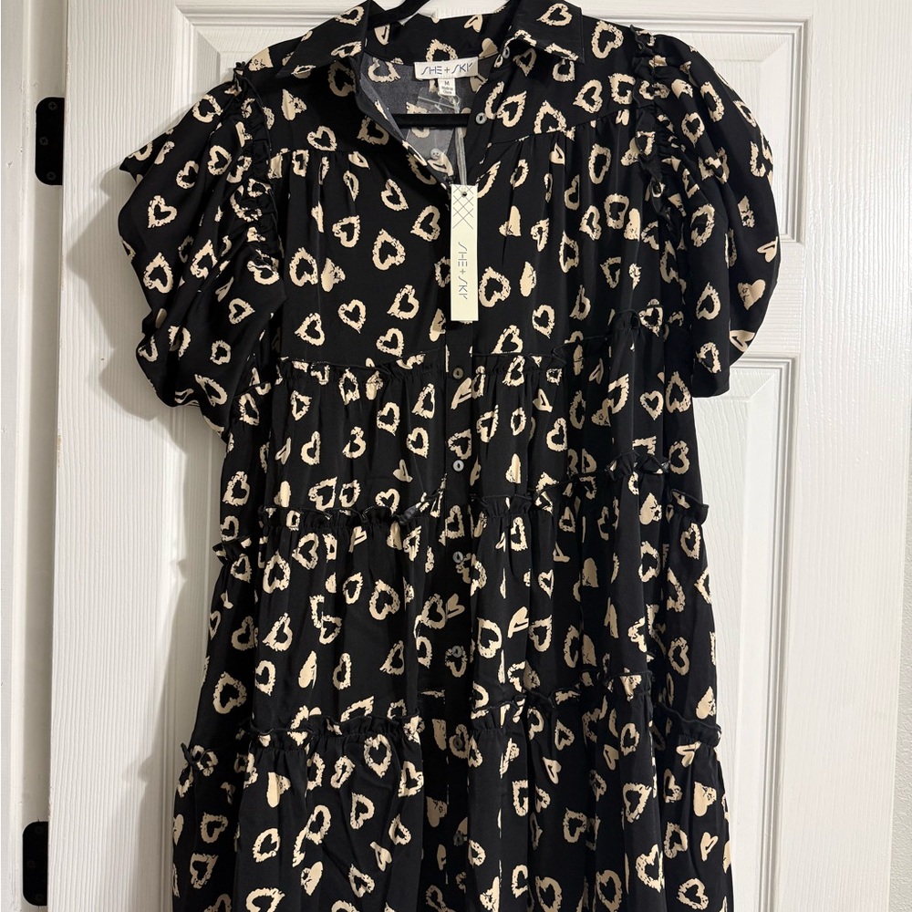 She + Sky Black Dress with Cream Heart Pattern